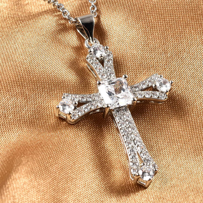 Cross Necklace for Women White Cubic Zirconia Pendant Platinum Plated Christian Jewelry Faith Religious Stainless Steel Size 20" Valentines Day Gifts for Women