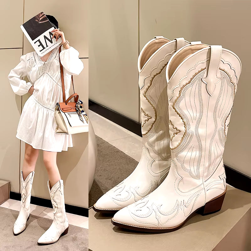 Women's Boots Retro Autumn Winter White Knee-High Boots Women Comfy Walking Female Western Cowboy Boot Women's Shoes