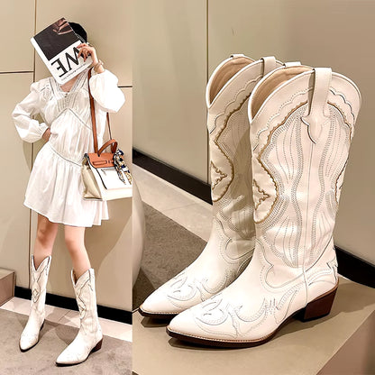 Women's Boots Retro Autumn Winter White Knee-High Boots Women Comfy Walking Female Western Cowboy Boot Women's Shoes