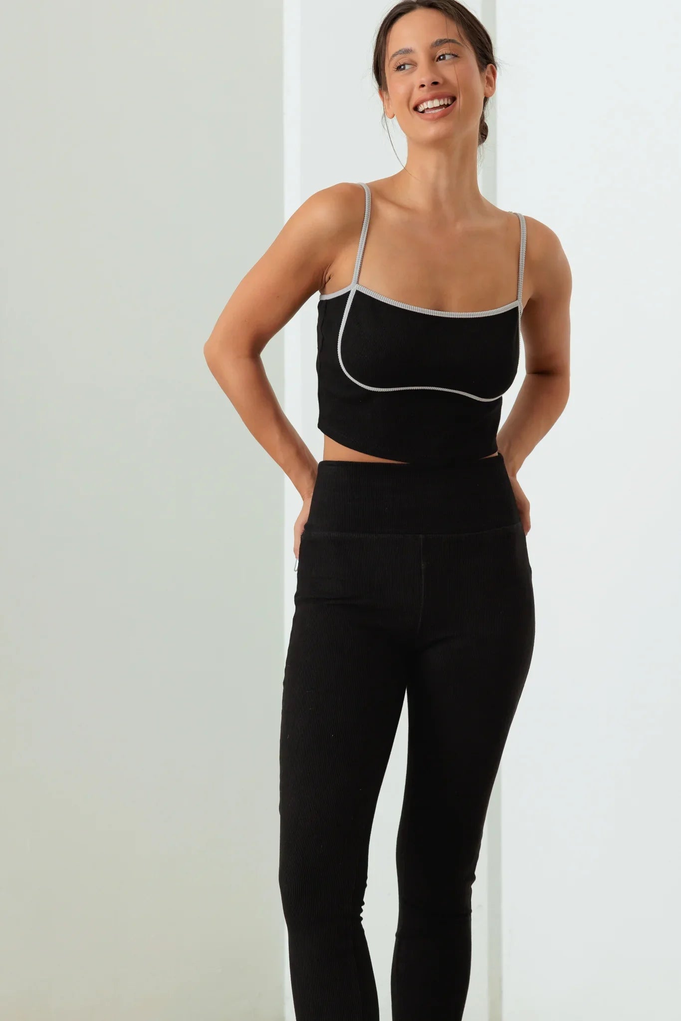 Contrast Trim Ribbed Crop Top High Waist Leggings Set